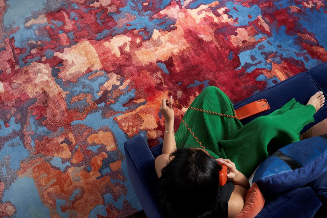Overhead view of an abstract handmade rug